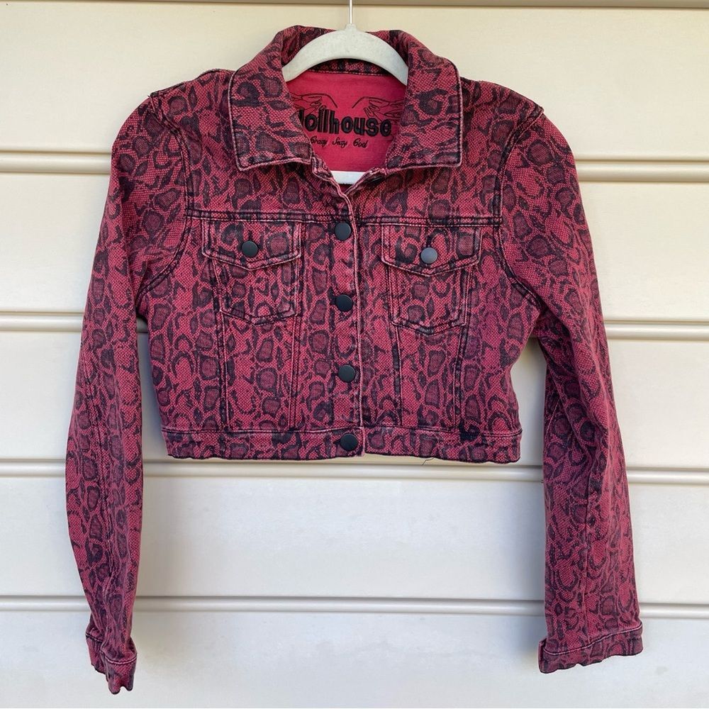Vintage Dollhouse Snake Print Long Sleeve Crop Jean Jacket Pink Women's Size L